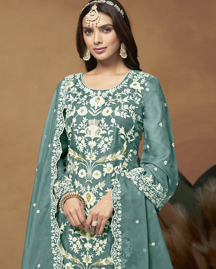 Teal Green Organza Embroidered Plus Size Suit