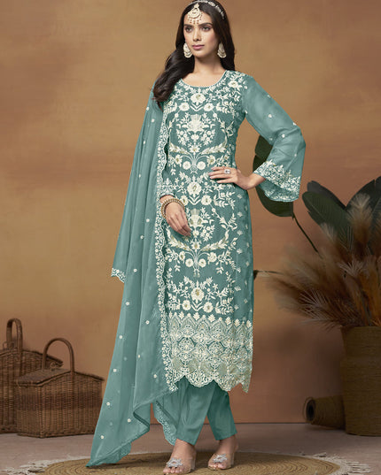 Teal Green Organza Embroidered Plus Size Suit