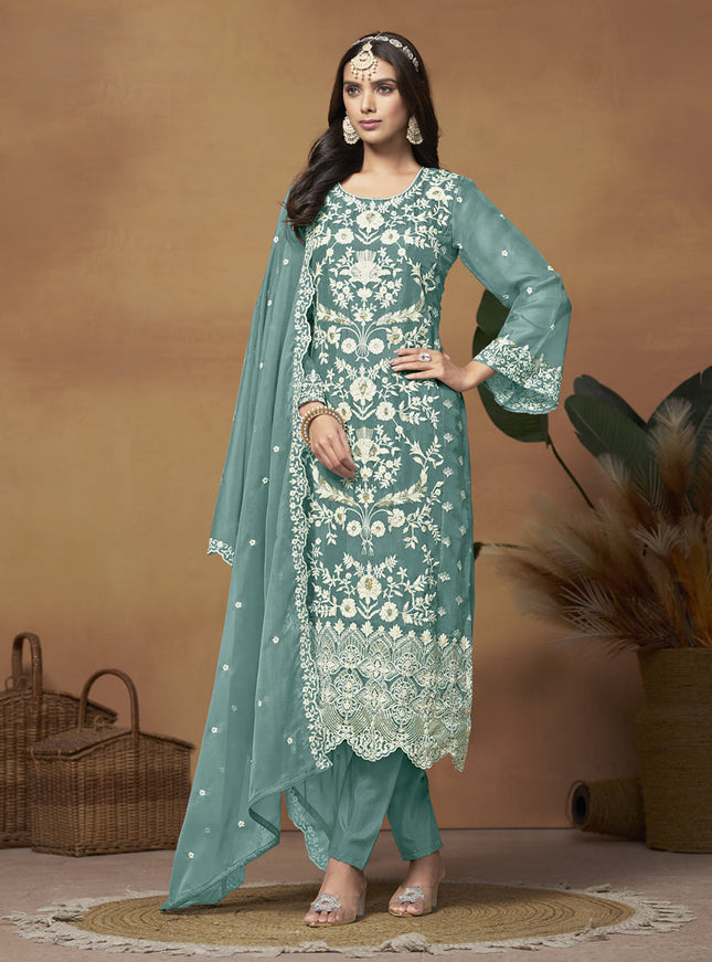 Teal Green Organza Embroidered Plus Size Suit
