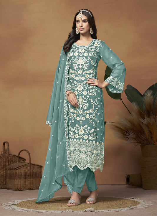 Teal Green Organza Embroidered Plus Size Suit