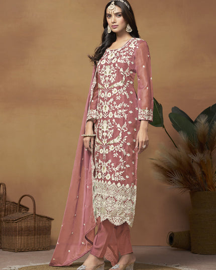 Salmon Pink Organza Embroidered Plus Size Suit
