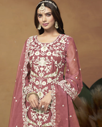 Salmon Pink Organza Embroidered Plus Size Suit