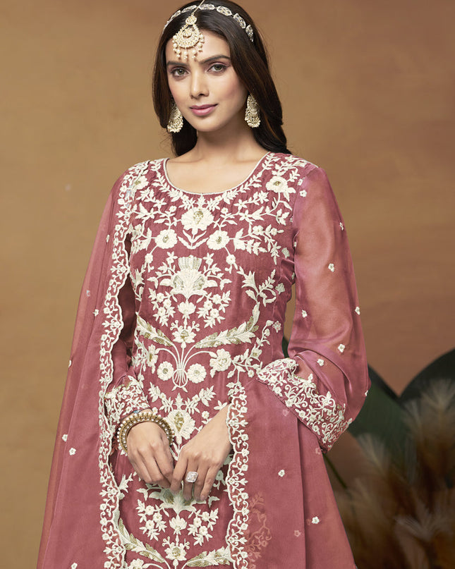 Salmon Pink Organza Embroidered Plus Size Suit