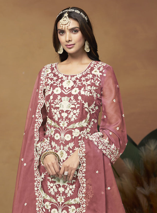 Salmon Pink Organza Embroidered Plus Size Suit