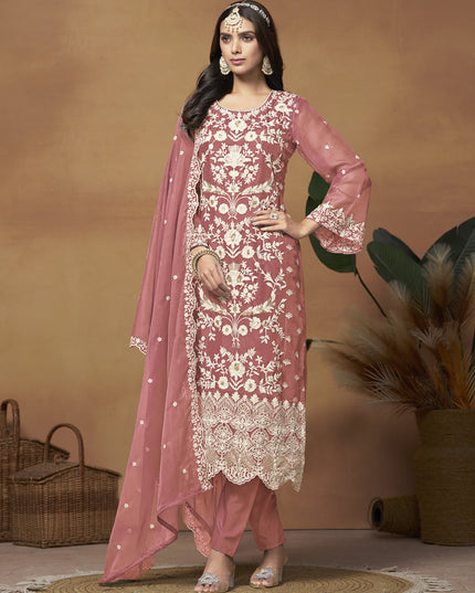 Salmon Pink Organza Embroidered Plus Size Suit