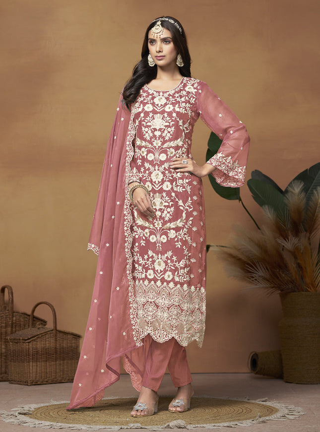 Salmon Pink Organza Embroidered Plus Size Suit