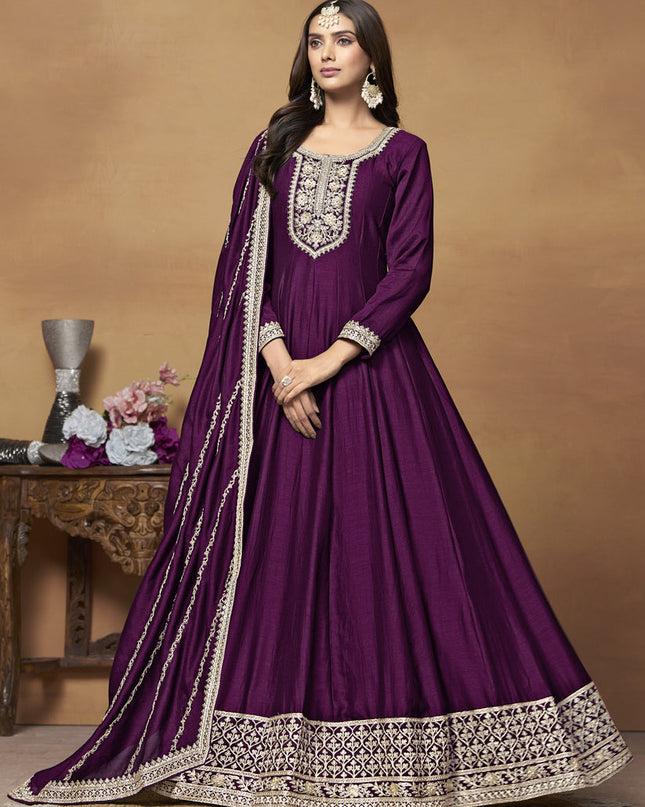 Wine Art Silk Embroidered Designer Anarkali Suit
