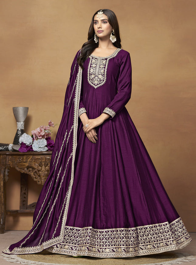 Wine Art Silk Embroidered Designer Anarkali Suit