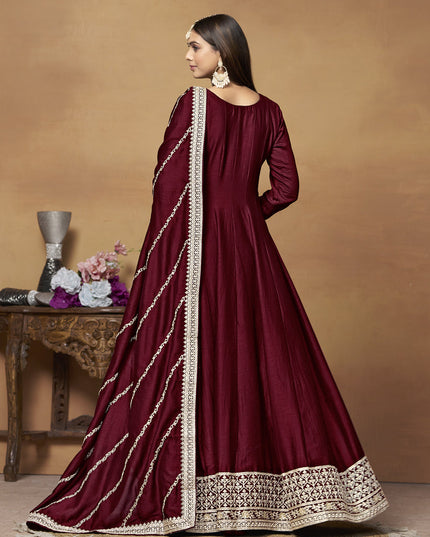 Maroon Art Silk Embroidered Designer Anarkali Suit