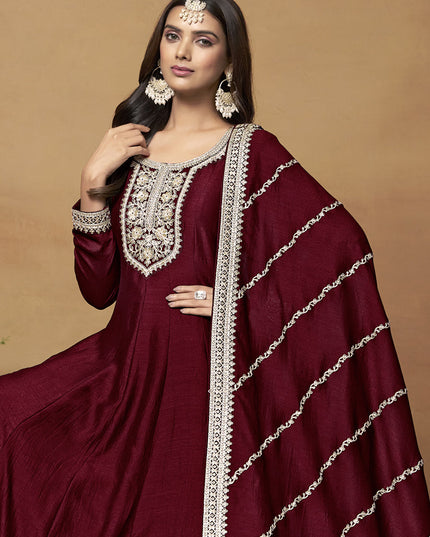 Maroon Art Silk Embroidered Designer Anarkali Suit
