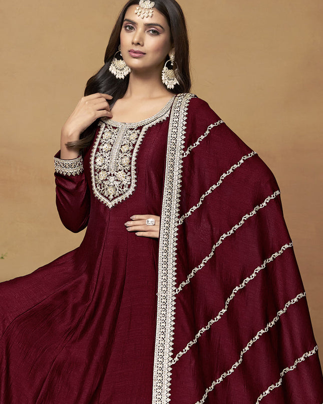 Maroon Art Silk Embroidered Designer Anarkali Suit