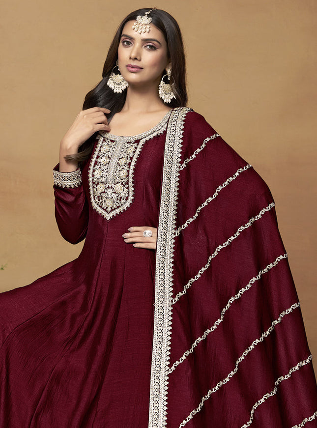 Maroon Art Silk Embroidered Designer Anarkali Suit