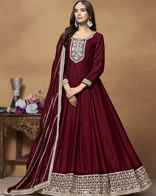 Maroon Art Silk Embroidered Designer Anarkali Suit