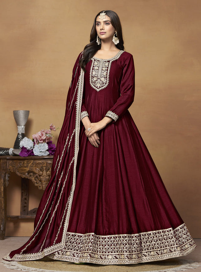 Maroon Art Silk Embroidered Designer Anarkali Suit