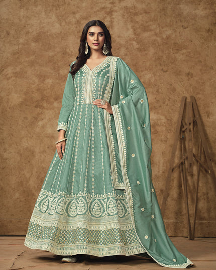 mint blue dola silk embroidered gown with dupatta