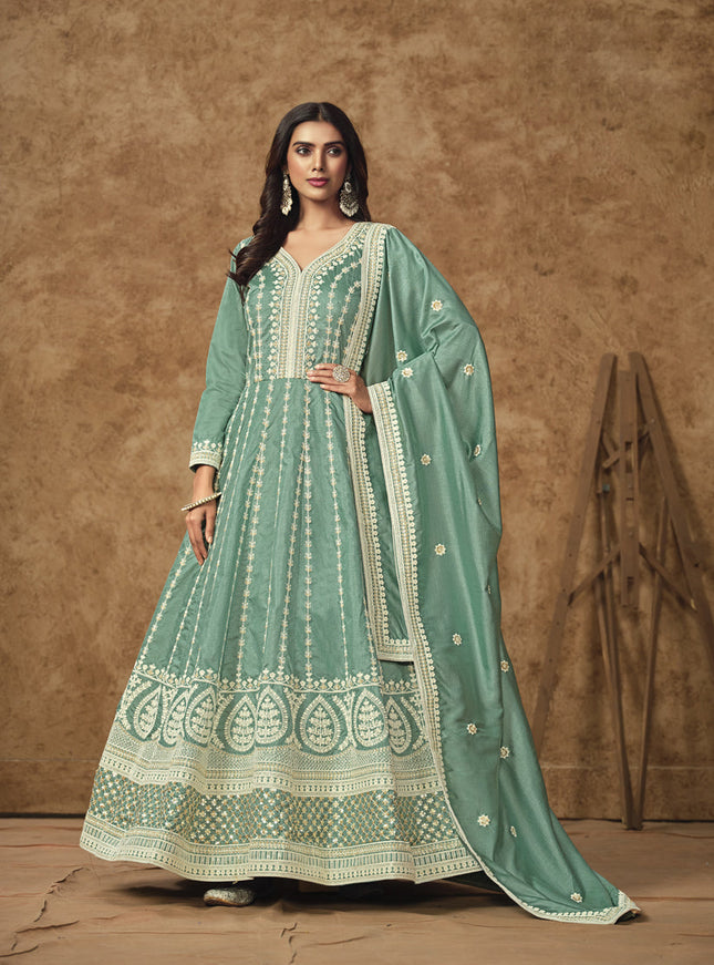 mint blue dola silk embroidered gown with dupatta