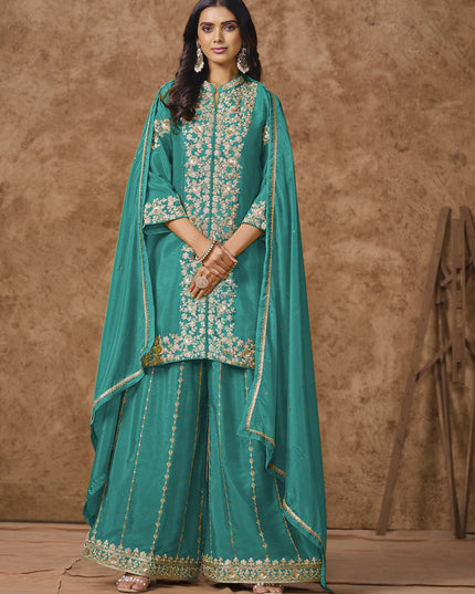 firozi chinnon silk embroidered palazzo kameez