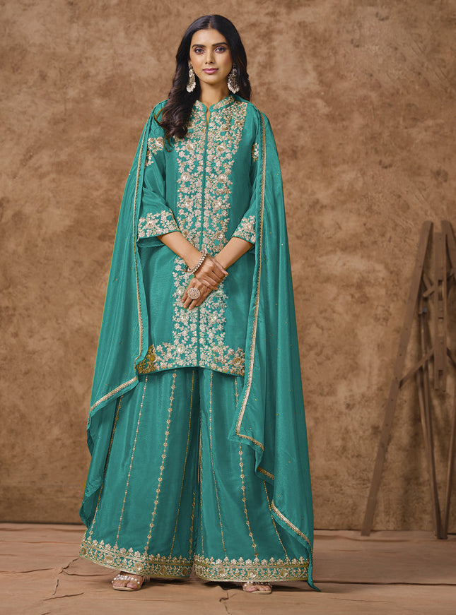 firozi chinnon silk embroidered palazzo kameez