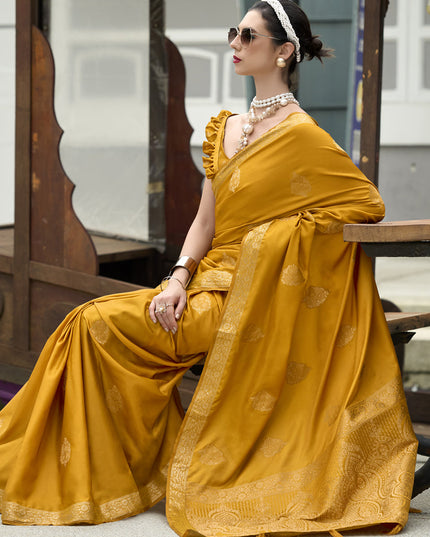 Mustard Pure Satin Handloom Weaving Saree For Festival