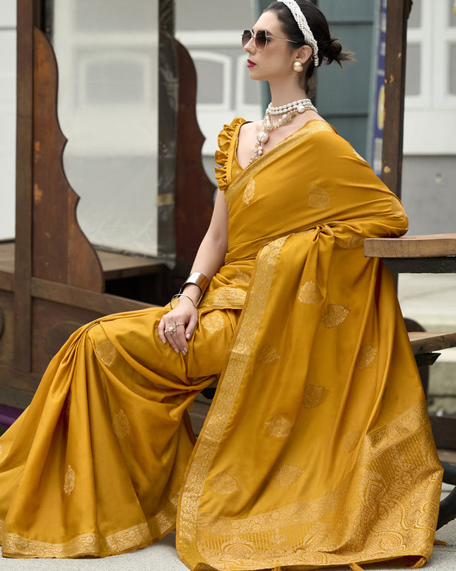 Mustard Pure Satin Handloom Weaving Saree For Festival
