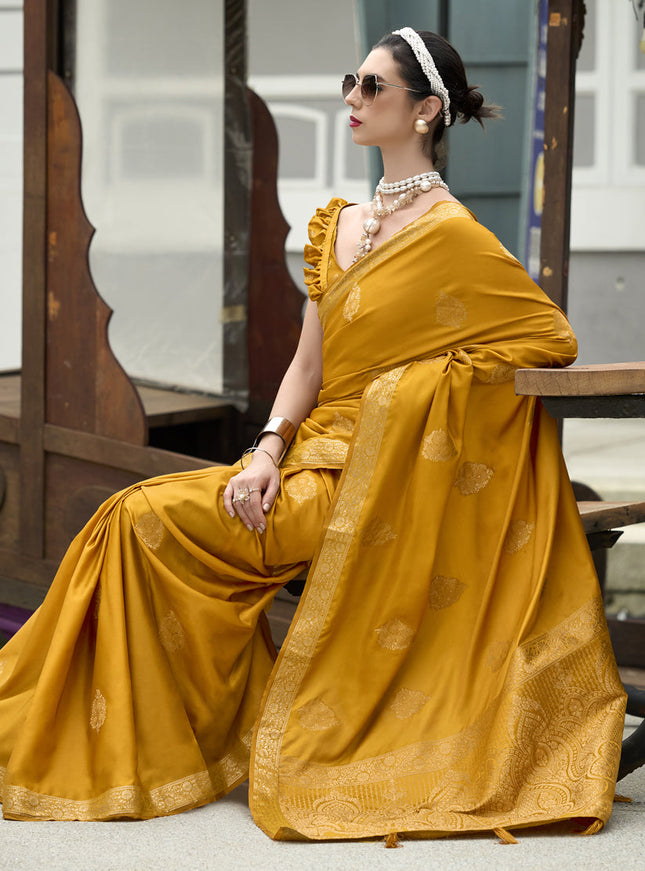 Mustard Pure Satin Handloom Weaving Saree For Festival