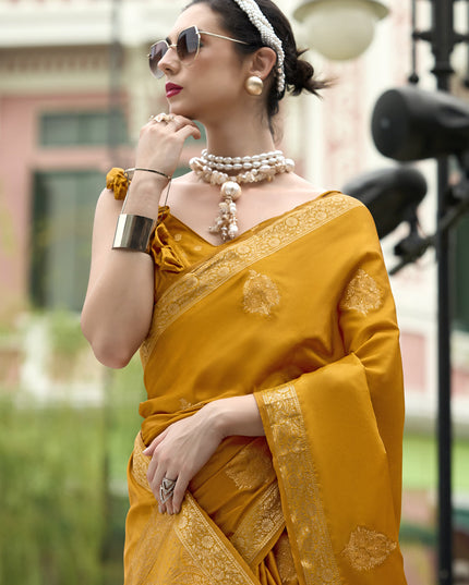 Mustard Pure Satin Handloom Weaving Saree For Festival