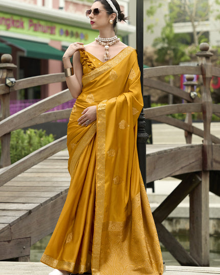Mustard Pure Satin Handloom Weaving Saree For Festival