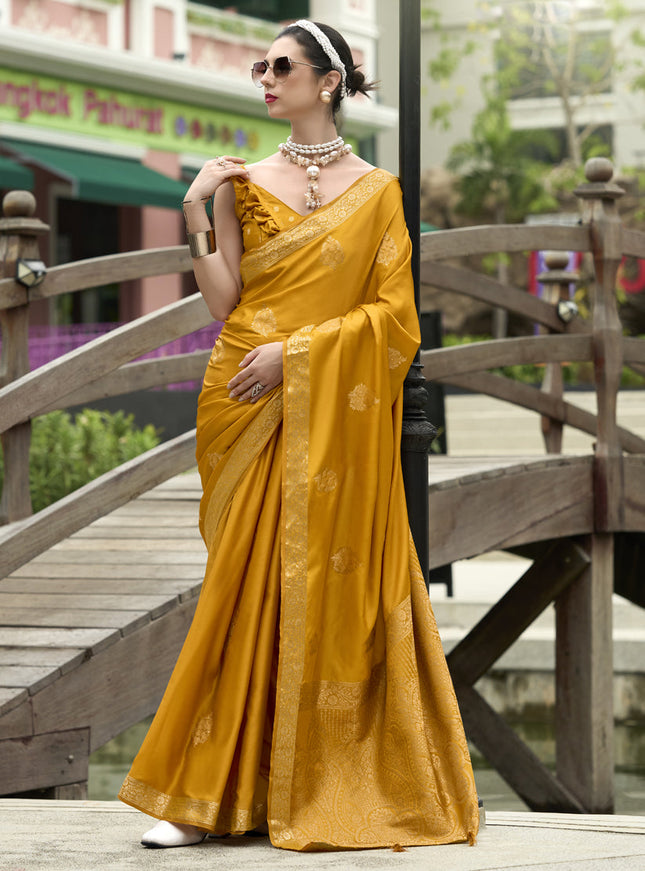 Mustard Pure Satin Handloom Weaving Saree For Festival