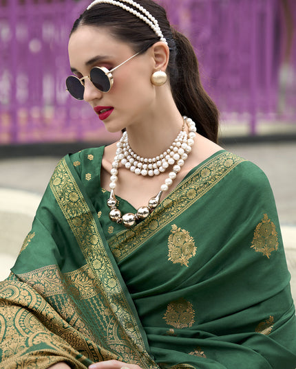 Emerald Green Pure Satin Handloom Weaving Saree For Festival