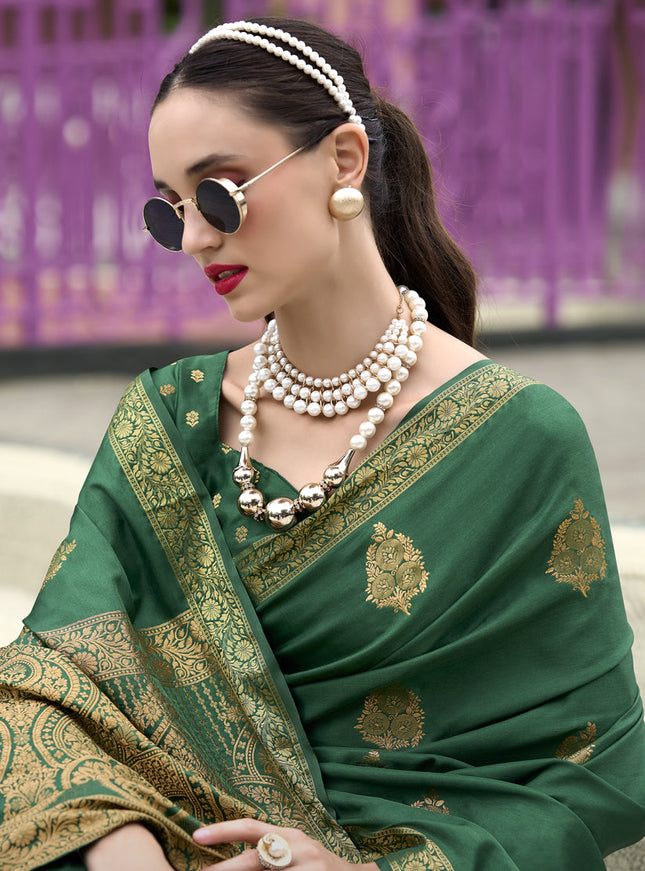 Emerald Green Pure Satin Handloom Weaving Saree For Festival