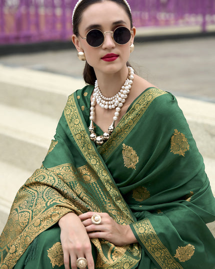 Emerald Green Pure Satin Handloom Weaving Saree For Festival