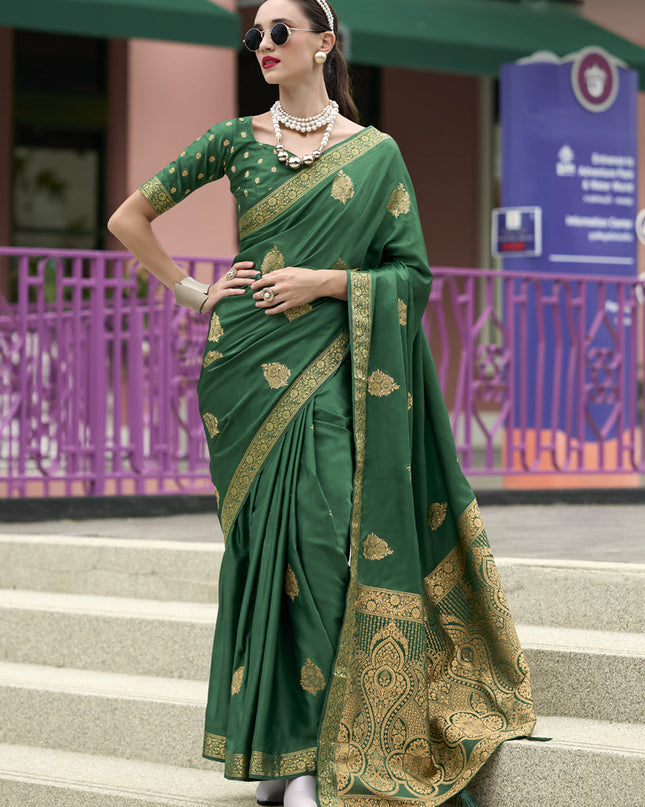 Emerald Green Pure Satin Handloom Weaving Saree For Festival