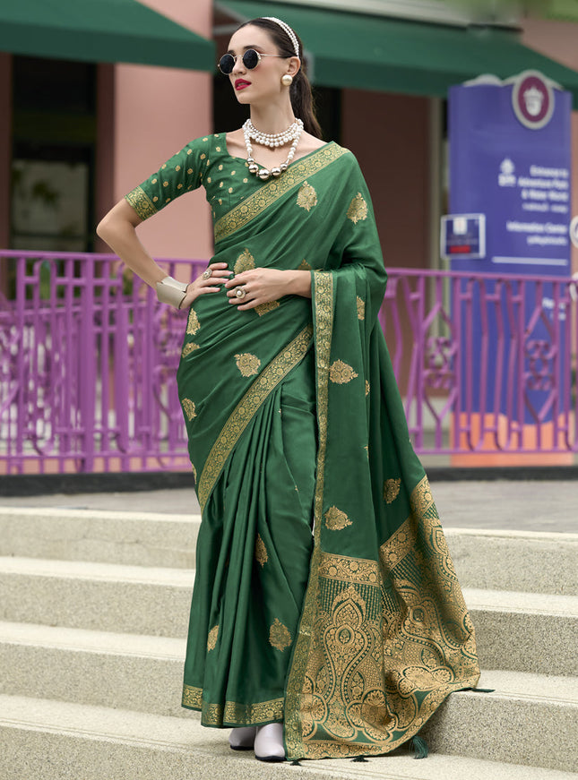 Emerald Green Pure Satin Handloom Weaving Saree For Festival