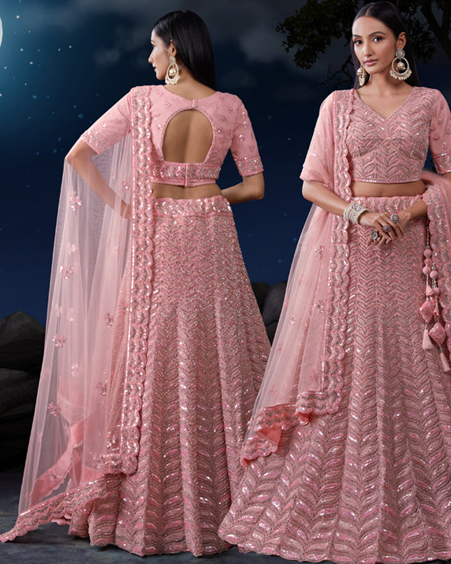 Blush Pink Net Heavy Sequins Embroidered Lehenga Choli Set