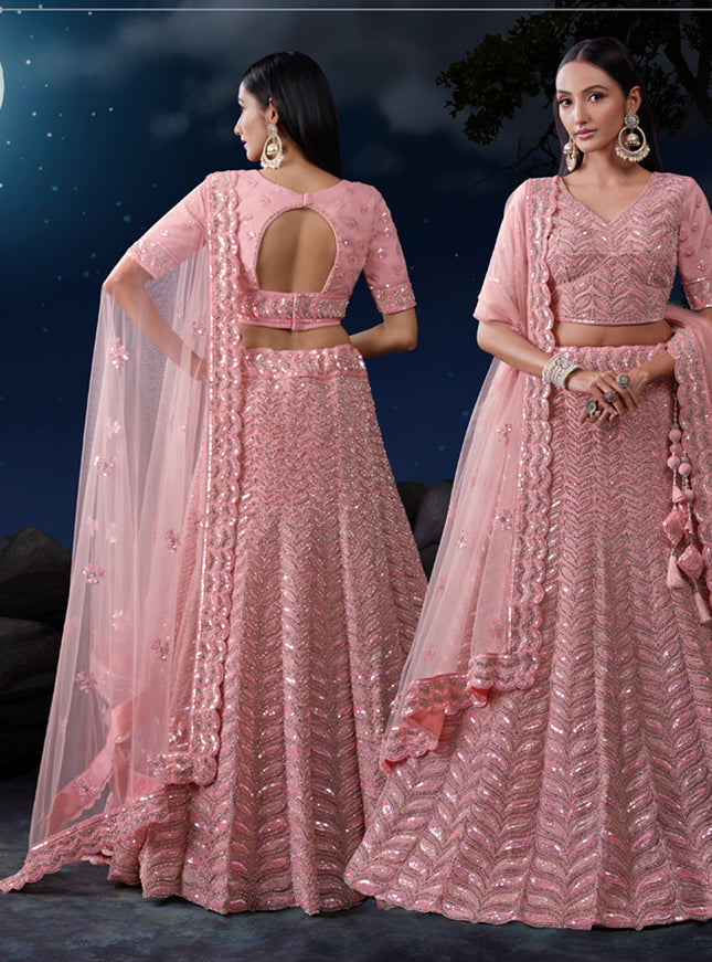 Blush Pink Net Heavy Sequins Embroidered Lehenga Choli Set