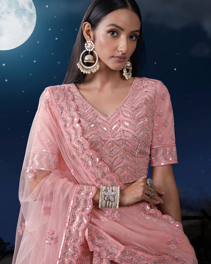 Blush Pink Net Heavy Sequins Embroidered Lehenga Choli Set