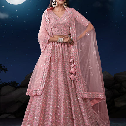 Blush Pink Net Heavy Sequins Embroidered Lehenga Choli Set