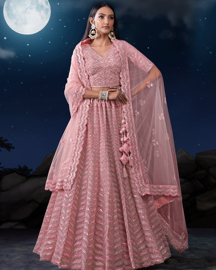 Blush Pink Net Heavy Sequins Embroidered Lehenga Choli Set