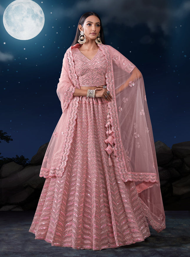 Blush Pink Net Heavy Sequins Embroidered Lehenga Choli Set