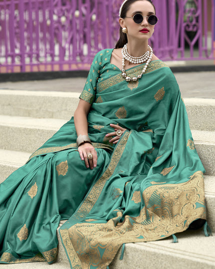 Rama Green Pure Satin Handloom Weaving Saree For Festival