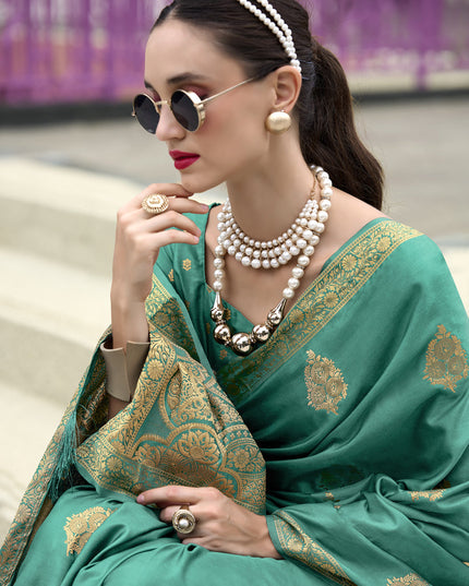 Rama Green Pure Satin Handloom Weaving Saree For Festival