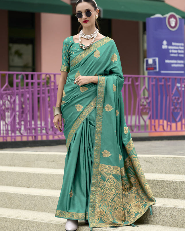 Rama Green Pure Satin Handloom Weaving Saree For Festival