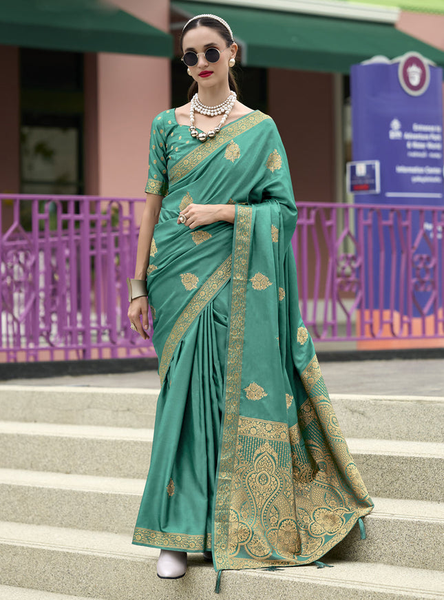 Rama Green Pure Satin Handloom Weaving Saree For Festival