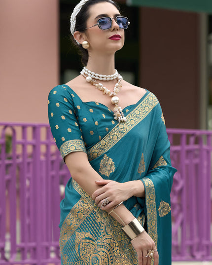 Peacock Blue Pure Satin Handloom Weaving Saree For Festival