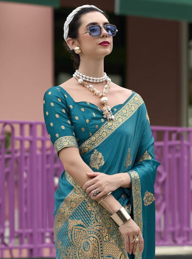 Peacock Blue Pure Satin Handloom Weaving Saree For Festival