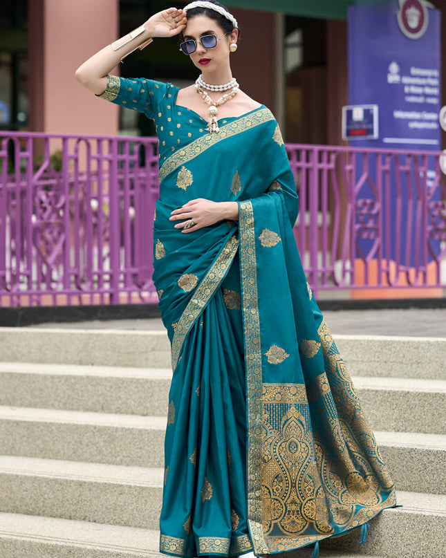 Peacock Blue Pure Satin Handloom Weaving Saree For Festival