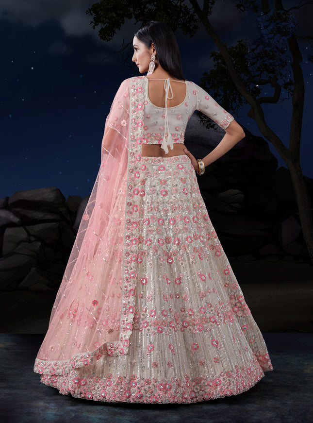 White Net Heavy Sequins Embroidered Lehenga Choli Set