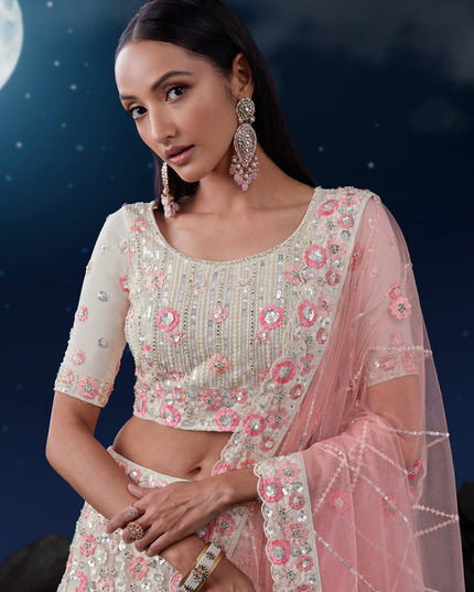 White Net Heavy Sequins Embroidered Lehenga Choli Set