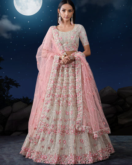 White Net Heavy Sequins Embroidered Lehenga Choli Set