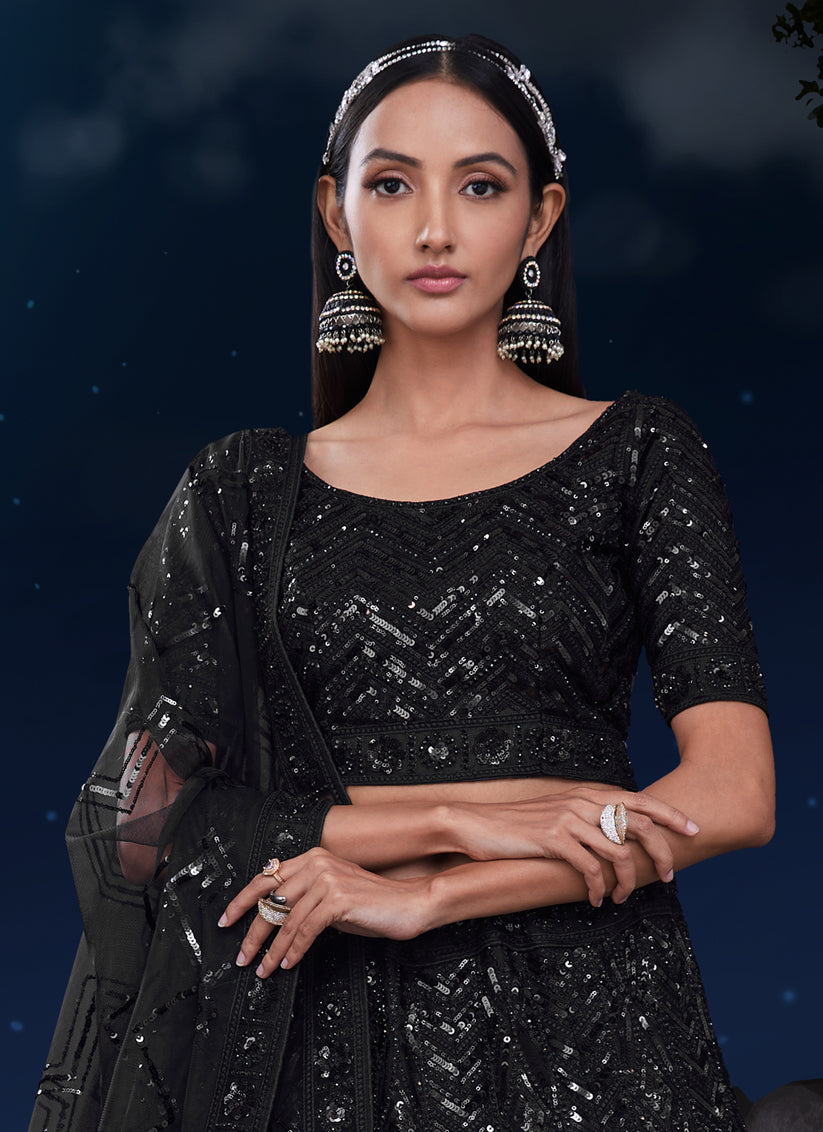 Black Net Heavy Sequins Embroidered Lehenga Choli Set